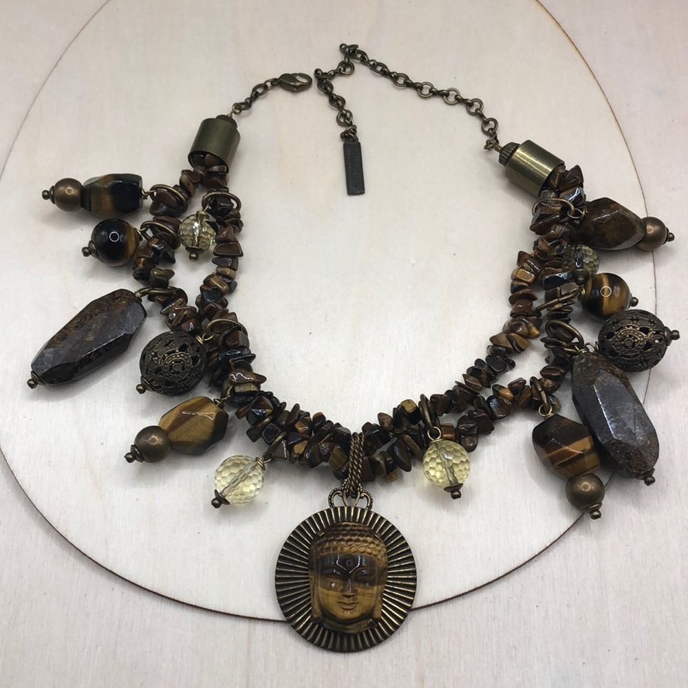 Jan Michaels Buddha Tiger Eye Necklace Art to Wear Statement.
